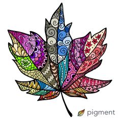 a colorful leaf with swirls and leaves on the bottom, is featured in this coloring page