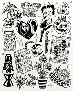 an ink drawing of halloween decorations and pumpkins