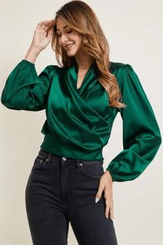 surplice balloon sleeve top - RK Collections Boutique Green Top Outfit, Christmas Party Tops, Fishnet Crop Tops, Satin Clothes, Victoria Fashion, Vegas Style, Balloon Sleeve Top, Balloon Sleeve Dress, Top Ideas