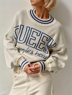 Pattern: SLIMYarn Thickness: Regular yarnPercentage of Material: 71%-80%Season: Spring/SummerAge: 18-24Thickness: ThickClosure Type: NonePattern Type: letterGender: WOMENSleeve Length(cm): FullStyle: CasualDecoration: SplicedMaterial: POLYESTERSleeve Style: regularCollar: O-NeckClothing Length: regularMaterial Composition: PolyesterElasticity: High StrecthFit Type: Regulai FitSIZE (Unit: CM): S,M,LS : Bust:112CM         shoulder width:60CM     Length:50CM    M : Bust:116CM         shoulder width Beige Letter Print Sweater For Spring, Oversized Beige Letter Print Sweater, Oversized Beige Sweater With Letter Print, Cream Letter Print Sweater For Winter, Cream Winter Sweater With Letter Print, Winter Cream Sweater With Letter Print, Elegant Sets, Alphabet Print, Women Sleeve