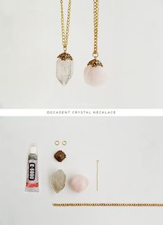 two different necklaces, one with crystals and the other with gold chains on it