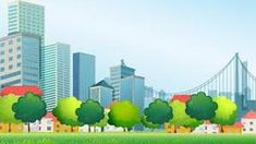 the city is surrounded by tall buildings and green grass with trees in front of it