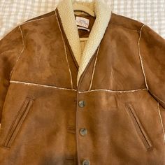 Urban Outfitts Faux Suede Sherpa Bomber Jacket Sz Xs Great Condition Stain On Upper Right , Shown In Last Photo Brown Sherpa Jacket, Brown Leather Sherpa Jacket, Urban Outfitters Brown Long Sleeve Outerwear, Fuzzy Brown Jacket, Button-up Suede Outerwear With Pockets, Urban Outfitters Jacket, Tan Brown, Faux Suede, Urban Outfitters