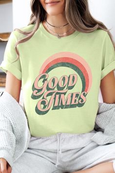 Good Times Graphic T Shirts.Unisex Crew Neck Short Sleeve Tees.Crafted from premium materials, tailored to your lifestyle, ensuring a comfortable fit for any occasion.Family Group Uniforms Birthday Party Gift Concert Festival Events.High Quality Direct To Film Printed Graphic Design.100%COTTON,HEATHER(52%COTTON,48%POLY),ATH.HEATHER,BLACK HEATHER(90%COTTON,10%POLY)NICARAGUAMade In: Nicaragua Trendy Summer T-shirt With Lettering, Summer Cotton Tops With Lettering, Cotton Summer Tops With Lettering, Cotton Tops With Lettering For Summer, Trendy Summer Tops With Lettering, Spring Graphic Tee With Lettering, Summer Tops With Lettering, Relaxed Fit, Relaxed Fit Tops With Lettering For Summer, Relaxed Fit Summer Tops With Lettering