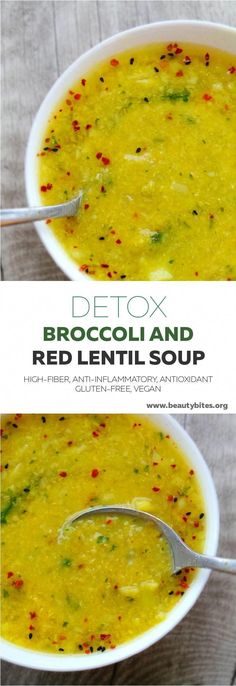 two bowls of broccoli and red lentil soup