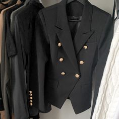 Luxurious Feel, Brand New Luxury Black Blazer With Gold Buttons, Luxury Black Double-breasted Blazer, Luxury Black Outerwear With Gold Buttons, Black Blazer With Gold Buttons For Work, Black Evening Blazer With Gold Buttons, Evening Black Blazer With Gold Buttons, Tailored Black Outerwear With Gold Buttons, Chic Black Blazer With Gold Buttons, Luxury Black Blazer With Button Closure