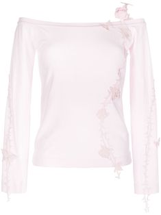 light pink knitted construction ribbed trim floral appliqué off-shoulder long sleeves straight hem Blumarine Top, Butterfly Sweater, Applique Top, Floral Rosa, Future Clothes, Pretty Top, Knitted Tops, Knitted Top, Floral Applique