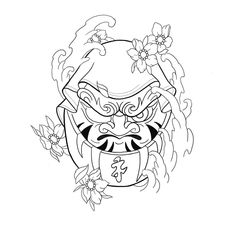 an image of a demon mask with flowers on its head and the word evil written in japanese