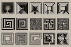 an assortment of black and white maze designs