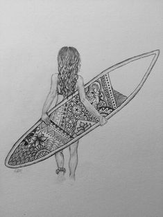 a drawing of a girl holding a surfboard