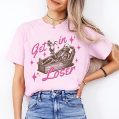 This super-soft, garment-dyed Get in Loser Skeleton Halloween Shirt is printed on Comfort Colors® tees for that vintage, lived-in feel and look - easy to style oversized or wear as a relaxed fit tee. It's sure to become a Sppoky Season go-to! Please check the size charts for the perfect fit! Details: ✔ Ethically grown cotton: 100% ringspun US cotton for ultimate comfort. ✔ Medium weight: fabric for a perfect balance of durability and softness. ✔ Premium DTG prints - no peeling or cracking. ✔ Rel Halloween Pink T-shirt With Screen Print, Pink Halloween T-shirt With Screen Print, Pink Grunge T-shirt For Halloween, Pink Grunge Halloween T-shirt, Pink Grunge Tops For Halloween, Party Shirts For Women, Skeleton T Shirt, Get In Loser, Funny Skeleton