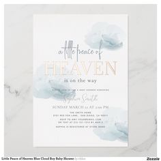 This elegant and modern "a little peace of heaven is on the way" boy baby shower foil invitation features a white background with fluffy blue clouds in watercolor. The reverse side features a white background with geometric patterns in light gray. Personalize for your needs. You can find more matching products at my store. Clouds In Watercolor, Cloud Baby Shower Theme, Angel Baby Shower, Cloud Theme, Angel Theme, Baby Shower Theme Decorations, White Baby Showers, Moon Baby Shower, Boy Baby Shower Themes