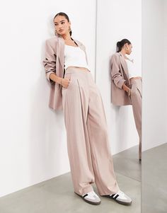 Designer Brands by ASOS EDITION Work-to-weekend vibes Mid rise Belt loops Concealed fly Functional pockets Wide leg Pink Pinstripe Pants, Rosé Suit, Pink Pinstripe, Dress Pants Outfits, Single Breasted Blazer, Dusty Rose Dress, Pinstripe Pants, Pink Suit, Pinstripe Suit