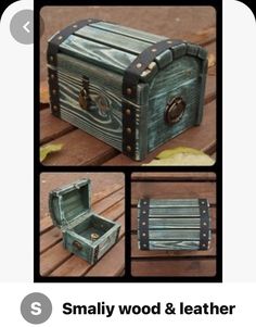 an old wooden box with metal handles and latches on the lid is sitting on a bench