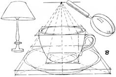 a drawing of a coffee cup with a spoon in it and a lamp next to it