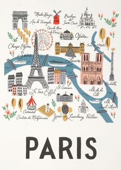 an illustrated map of paris with the eiffel tower and other landmarks in it