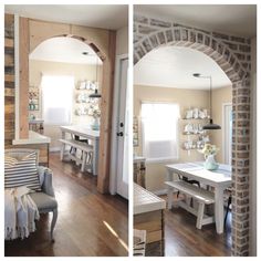 two pictures of the inside of a house with wood floors and brick arches in it