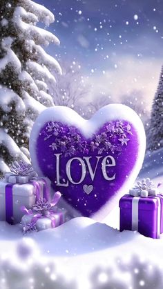 a purple heart surrounded by presents in the snow