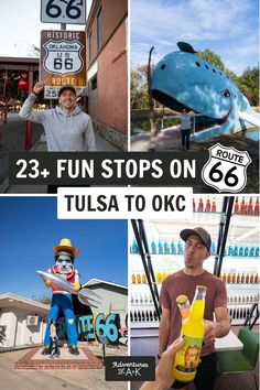 a collage of photos with the words fun stops on tulsa to okc