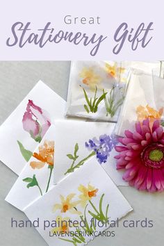 four flower cards with the words, great stationery gift hand painted floral cards on them