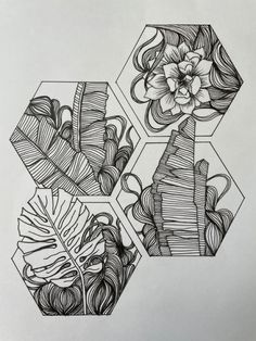 three hexagonals with flowers and leaves drawn on top of each other in black ink