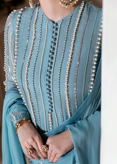 A Line Indian Dress, Pearl Dupatta Designs, How To Style Silk Dress, Raw Silk Dupatta, Pearl Dupatta, Embellishment Techniques, Hussain Rehar, Detail Couture, Ice Blue Color