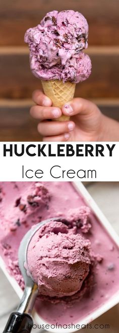 ice cream in a bowl with the text huckleberry ice cream on top and bottom