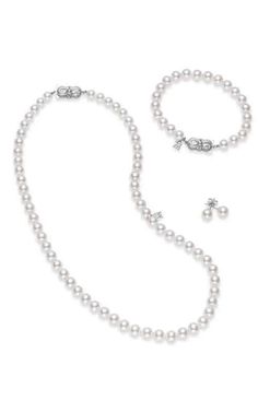 18" Akoya Cultured Pearl Three-Piece Gift Set – 18K White GoldMikimoto Strand, Stud Earrings and Bracelet Set Akoya Pearls White UN70118VS1W3. 3 piece set.Strand necklace with Akoya pearls of 7x6mm and A quality. 18kt white gold Mikimoto signature clasp, 18 inches in length. A pair of stud e... Diamond Accessories, Cushion Diamond, Square Diamond, Akoya Pearls, Princess Diamond, Oval Cut Diamond, Womens Wedding Bands, Princess Cut Diamonds, Oval Diamond