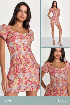 From NYC to LA you'll be the cutest babe on the scene in the Lulus Sweetest Essence Blush Floral Jacquard Puff Sleeve Mini Dress! This figure-flaunting dress has a sturdy woven jacquard (with an embossed floral design and metallic accents) that shapes a sweetheart neckline, princess-seamed bodice, and short puff sleeves with elasticized cuffs. High, fitted waist sits atop a bodycon skirt that ends at a flirty mini hem. Hidden back zipper/clasp. Fit: This garment runs small - please size up. Leng Fitted Puff Sleeve Mini Dress With Floral Print, Multicolor Fitted Puff Sleeve Dress With Floral Print, Fitted Multicolor Floral Print Puff Sleeve Dress, Fitted Multicolor Puff Sleeve Dress With Floral Print, Multicolor Fitted Puff Sleeve Mini Dress, Fitted Multicolor Puff Sleeve Mini Dress, Multicolor Fitted Puff Sleeve Dress, Multicolor Fitted Puff Sleeve Dress For Party, Fitted Multicolor Puff Sleeve Dress