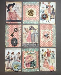 six different cards with pictures of women in dresses and hats on them, one has a flower