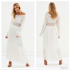 Stunning Free People Tina Maxi Dress In Ivory, Size Xs. The Color Really Is Much Closer To White. Ethereal Maxi Dress Pieced With Beautiful Crochet And Embroidered Sheer Mesh Detailing. Elastic Waistband Ruffled Cuffs With Elastic Band Scalloped Hem Skirt Is Lined Pull-On Style It Is Absolutely Beautiful! Very Flattering, And Lined In All The Important Places. It Hurts To Sell It But I Just Haven’t Found The Right Occasion. Ask Any Questions! Thank You For Looking White Bohemian Off-shoulder Maxi Dress, White Flowy Maxi Dress With Lace Trim, Flowy White Maxi Dress With Lace Trim, White Off-shoulder Loose Fit Maxi Dress, Off White Long Sleeve Maxi Dress For Beach, White Fitted Bohemian Maxi Dress, White Ethereal, Maxi Dress White, Hem Skirt