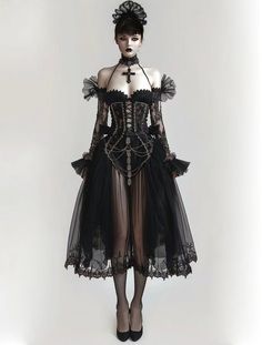 Dark Cabaret Outfit, Dark Burlesque Aesthetic, Korean Runway Fashion, Goth Haute Couture, Gothic Fashion Illustration, Goth Lolitas, Halloween Runway, Hallowen Costume, Fashion Figures