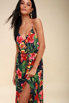 Pura Vida Navy Blue Tropical Print Button-Up High-Low Midi Dress Casual Dresses For Teens, High Low Midi Dress, Cute Casual Dresses, Tropical Print Dress, Latest Fashion Dresses, Open Back Top, Dress Shopping, Women Best, The Good Life