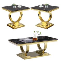 two tables with black marble top and gold metal legs, one has a vase on it