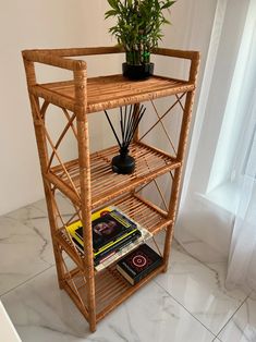 a bamboo shelf with plants and books on it