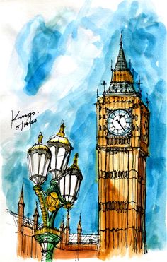 the big ben clock tower towering over the city of london in england, painted with watercolor and ink