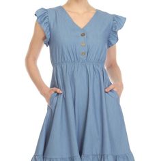 Your New Favorite Dress This Season Is Here. This Chambray Dress Features A Flattering And Comfortable Baby Doll Fit On A Relaxing Cut. The Flutter Sleeves And The V-Neck Add A Very Feminine Touch That Is Easy To Dress Up Or Down. It Also Features A Button Front, Elastic Waistline And Ruffled Hem. Fabric: 70% Cotton / 26% Rayon / 4% Spandex Length: Knee Length Color: Sage Neckline: V-Neck Silhouette: Baby Doll Sleeve: Ruffle Sleeves Features: Pockets Tags: V-Neckline Dress, Knee Length Dress, Pl Cotton V-neck Midi Dress With Button Closure, Spring V-neck Knee-length Dress With Buttons, Cotton V-neck Dress With Button Closure, Orange Boho Dress, Solid Dress Casual, Boho Tunic Dress, Scoop Neck Midi Dress, Grey Maxi Dress, Blue And White Dress