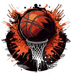 a basketball going through the hoop with paint splatters around it and an orange splash