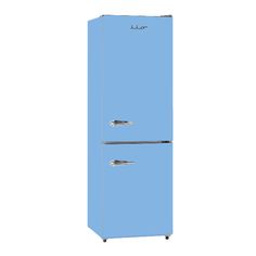 a blue refrigerator freezer sitting on top of a white wall