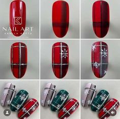 NailAholics - Paso a paso 💅🏼 Christmas Nails Step By Step Design, Grinch Nails Step By Step, Plaid Christmas Nails, Plaid Nail Art, Xmas Nail Designs, Acrylic Nail Designs Coffin, Pastel Nail Art