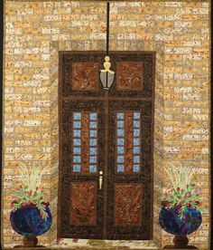 a painting of two vases with flowers in front of a brown door and brick wall