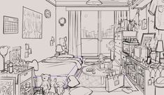 a drawing of a bedroom with furniture and decor