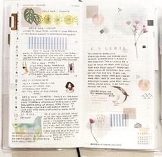 an open planner book with stickers on the pages and writing in japanese characters inside