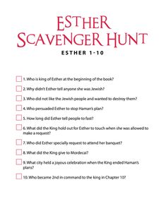 a question card with the words, esther scavenger hunt