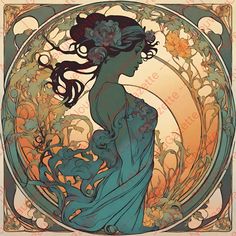 an art nouveau painting of a woman with flowers in her hair and holding a baby