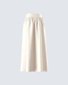 Elevate your look with this cream ruched maxi skirt 🤍 With a fitted waist and a voluminous skirt - this piece, made from poly suiting fabric, will add the perfect amount of dramatics to your look 😙 Ruched Maxi Skirt For Formal Occasions, Elegant Ruched Maxi Skirt For Formal Occasions, Elegant Ruched Maxi Skirt For Formal Events, Ruched Draped Long Skirt For Formal Occasions, Formal Ruched Draped Flowy Skirt, Formal Long Draped Ruched Skirt, Elegant Flared Skirt With Ruched Detail, Elegant Ruched Flared Skirt, Elegant Tiered Skirt With Elastic Waistband