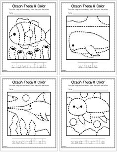 four worksheets for children to learn how to draw and color the ocean animals