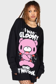 I WAS GLOOMY.- Soft, slight stretch cotton.- Custom Gloomy Bear graphic.- Long, cuffed sleeves.- Cuffed hem.- Oversized fit.With KILLSTAR branding, 100% Cotton.Machine wash cold (30°c) / Do not bleach / Do not tumble dry / Iron at low temperature / Do not dry clean. Imported. Pastel Goth Halloween, Pride Shoes, Vintage Ootd, Gloomy Bear, Retro Pants, Flora Dress, Retro Purse, Summer Plaid, Retro Skirt