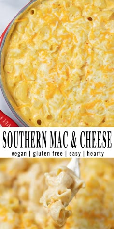 two pictures showing different types of macaroni and cheese with text overlay that reads southern mac & cheese vegan gluen free easy i hearty