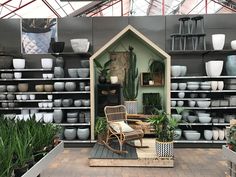 a room filled with lots of potted plants next to shelves full of vases